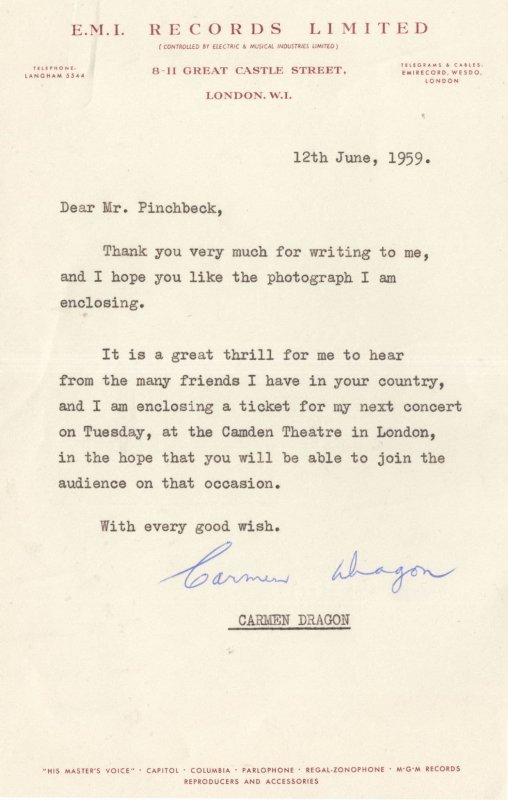 Carmen Dragon Conductor Composer 1959 Hand Signed EMI Letter