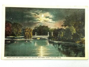 Dayton OH-Ohio, Moonlight on Lower Lake & Bridge Soldiers Home Vintage Postcard