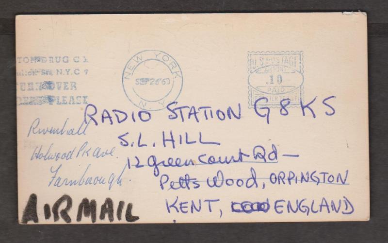 QSL Card From New York City To Kent England - Used 1963