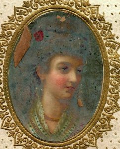 1870's-80's Dresden Fabric Label Lovely Lady Portrait P181