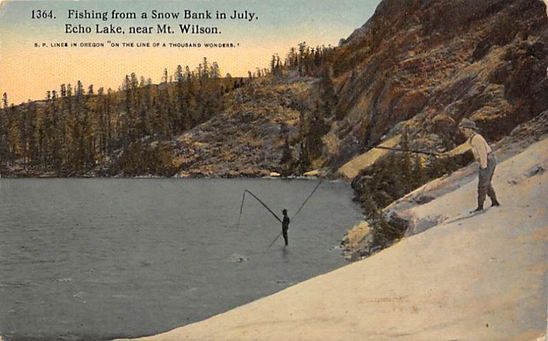 Fishing from Snow Bank in July Echo Lake, Oregon OR  