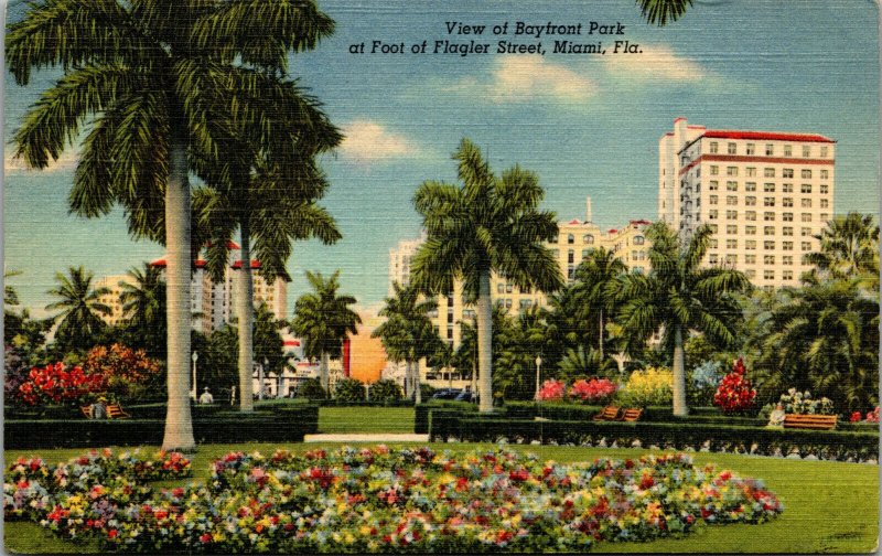 Vtg 1940s Bayfront Park Flagler Street Miami Florida FL Unused Linen Postcard