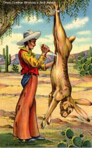 Texas Exageration Cowboy Skinning Giant Jack Rabbit Curteich