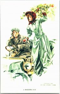 A Modern Eve, Woman in Auto Picking Apples Reproduction of 1900s Postcard T17