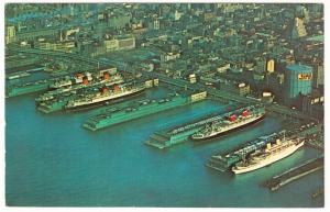 Five Ocean Liner Ships at West Side Piers New York Harbor Postcard 1960s