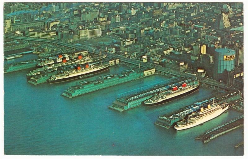 Five Ocean Liner Ships at West Side Piers New York Harbor Postcard 1960s