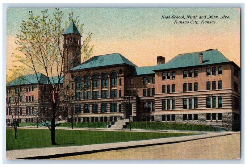 1910 Highschool Ninth And Minn. Ave Building Kansas City Kansas KS Postcard