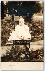 c1910s Adorable Mature Baby RPPC Cute Child Outdoors Chair Real Photo Sharp A173