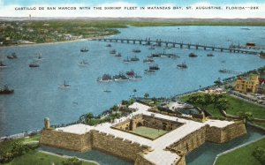 Vintage Postcard 1930's Shrimp Fleet in Matanzas Bay Castillo De San Marcos FL