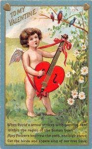 F12/ Valentine's Day Love Holiday Postcard c1913 Cupid Guitar Birds 4
