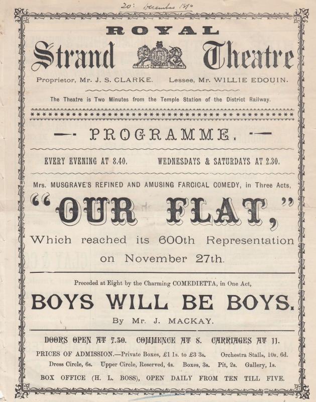 Our Flat Boys Will Be Boys London Comedy Strand Victorian Theatre Programme