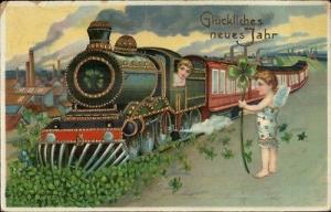 German New Year- Cherubs & RR Train & Clovers c1910 Postcard
