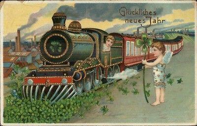 German New Year- Cherubs & RR Train & Clovers c1910 Postcard