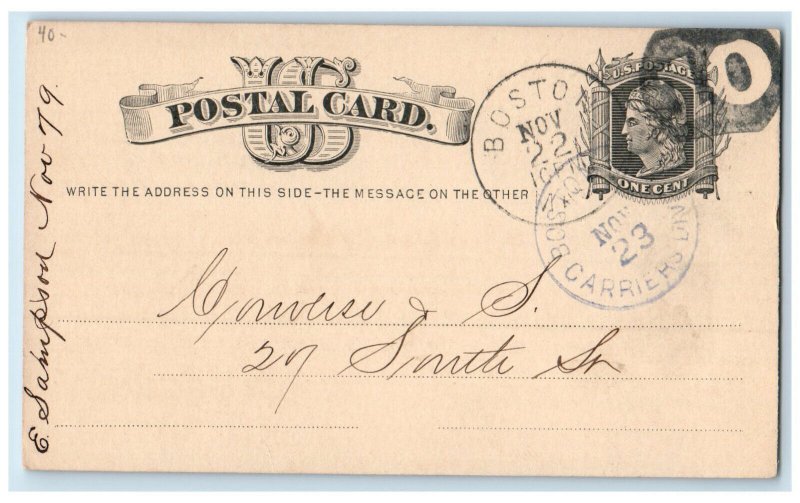 1879 Baltimore & Norfolk Steamship Office Boston Massachusetts MA Postal Card