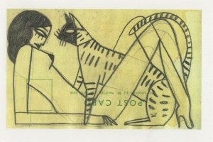 Giant Cat On Risque Naked Nude Egyptian Lady Painting Postcard