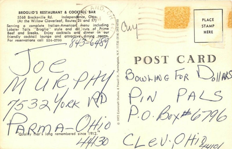 Independence Ohio 1970s Postcard Broglio's Restaurant & Cocktail Bar