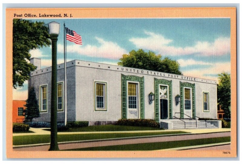 Lakewood New Jersey Postcard Post Office Building Exterior c1940 Antique Vintage