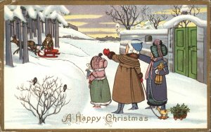 Christmas Stecher Ser 402C Kids See Santa in Spotted Coat Vintage Postcard
