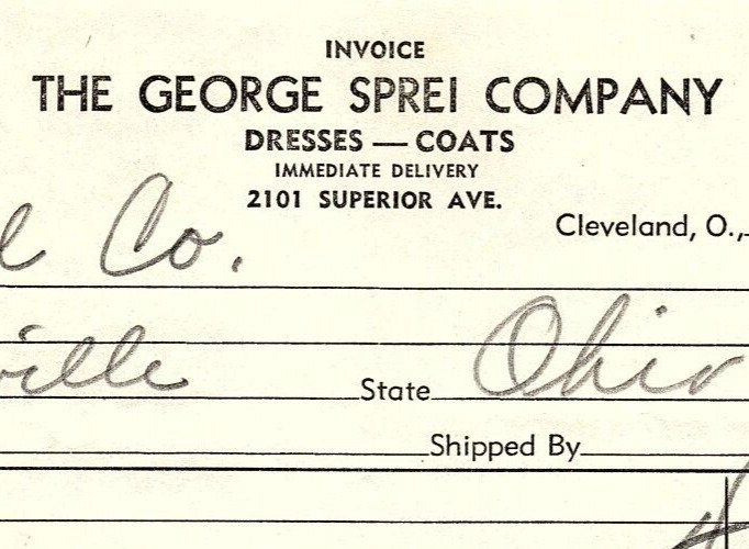 1938 THE GEORGE SPREI COMPANY CLEVELAND OH DRESSES COATS BILLHEAD INVOICE Z3517