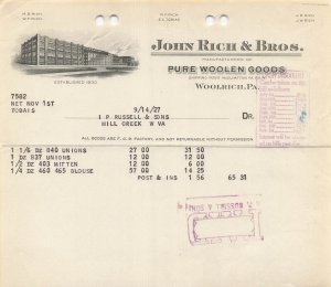 WOOLRICH~JOHN RICH & BROS (NOW WOOLRICH CLOTHING)~1927-MILL CREEK WV-BILLHEAD