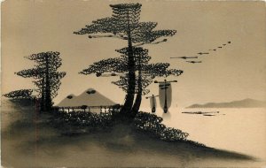 Postcard Japan c-1910 Silhouette Lake Boat Scene 23-6765