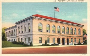 Vintage Postcard 1940 Post Office Building Landmark Waukegan Illinois EA Bishop