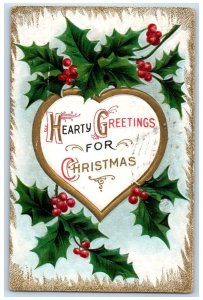 1911 Christmas Greetings Heart Holly Berries Embossed Schenectady NY Postcard