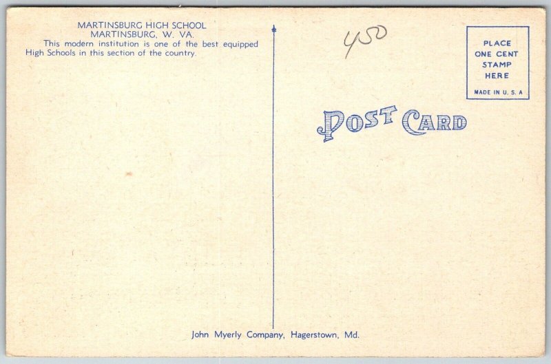 Martinsburg West Virginia 1940s Postcard Martinsburg High School