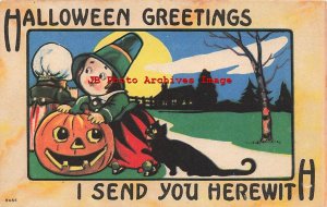 329695-Halloween, Bergman No 9086-1, Black Cat with Dutch Boy Leaning on JOL