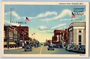 1951 Ludington Street Classic Cars Business District Escanaba Michigan Postcard