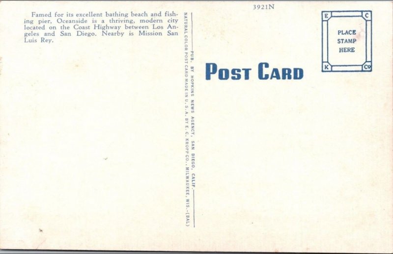 Vintage Postcard Beach Scene, Oceanside, California KC4