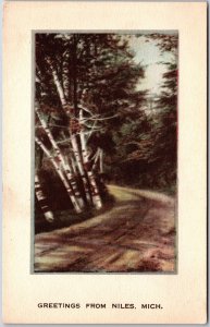 Greetings From Niles Michigan MI Curve Roadway Trees Forest Postcard