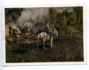 218098 RUSSIA Pryanishnikov preparing soil for planting flax Vologda horse 