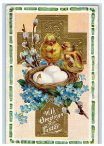 1911 Easter Greetings Chicks Eggs Nest Gold Cross Embossed Antique Postcard 