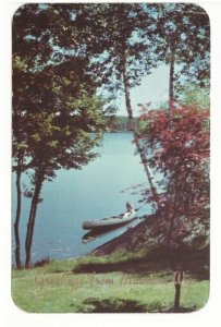 Canoe, Greetings From Mauston, Wisconsin, Vintage 1953 Chrome Postcard