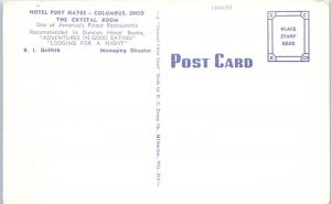 COLUMBUS, OH Ohio   CRYSTAL ROOM  HOTEL Fort Hayes  c1940s  Roadside  Postcard