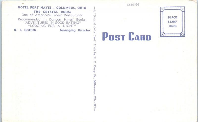 COLUMBUS, OH Ohio   CRYSTAL ROOM  HOTEL Fort Hayes  c1940s  Roadside  Postcard