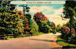 Scenic, Greetings from Monroe City MO Vintage Linen Postcard D24