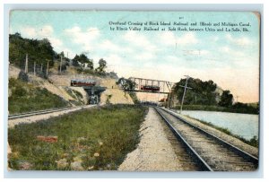 c1910 Scene of Trolley, Overhead Crossing Rock Island Railroad IL Postcard