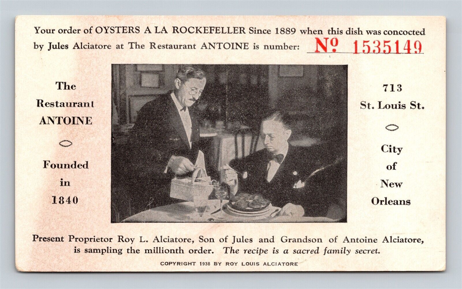 1938 The Restaurant Antoine Oysters A LA Rockefeller New Orleans