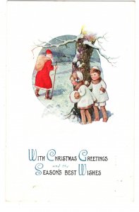 Christmas Greetings, Santa Claus with Bag and Walking Stick, Children