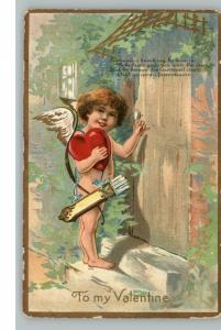 VALENTINE Cupid w Bow & Arrow at Door c1910 Postcard