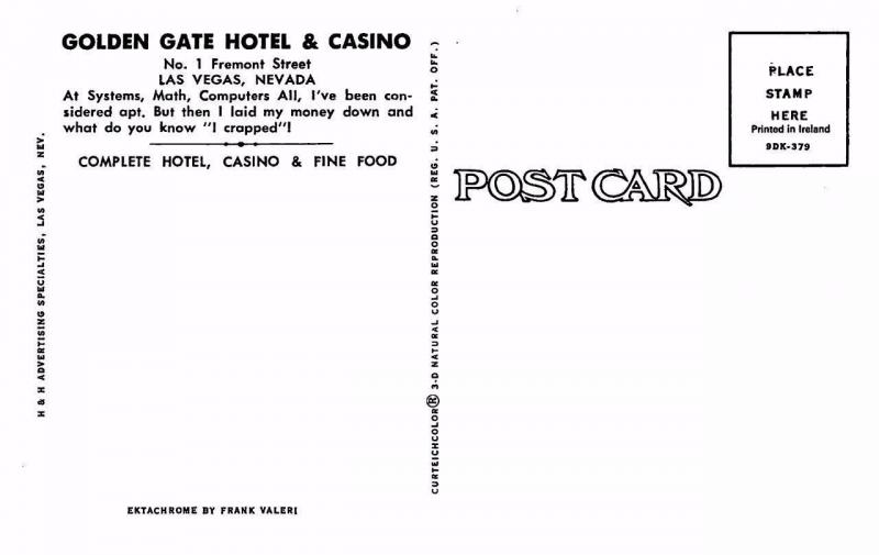 LAS VEGAS, NV  Nevada  GOLDEN GATE HOTEL & CASINO  Beagle & Dice CHROME Postcard