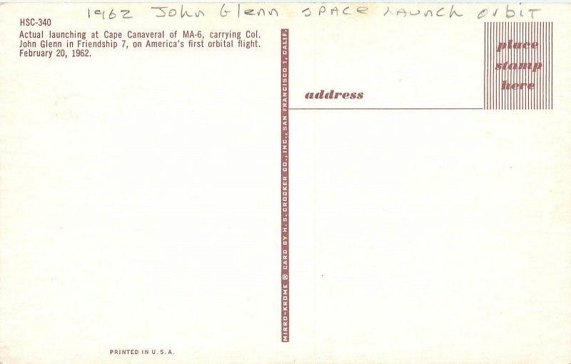 1962 John Glen space launch orbit Crocker Postcard 25-10436