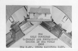 RPPC Catholic & Protestant Church H&W Store Keystone, NE 1964 Vintage Postcard