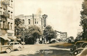 1940s La Grange Oregon Street Scene autos Foley Hotel RPPC Postcard 26-526