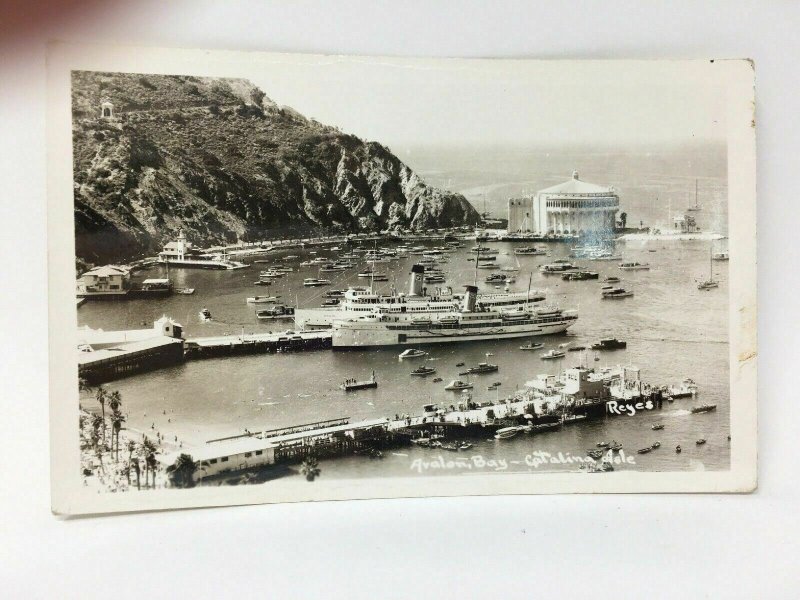 Avalon Bay Catalina Isle Ship Boats Real Photo Postcard RPPC Aerial View AZO 