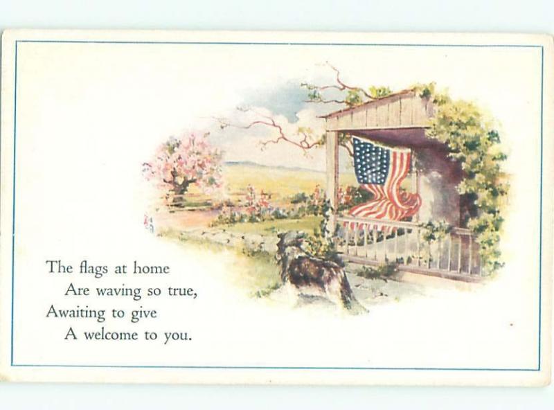 Pre-Linen Patriotic USA FLAG ON THE PORCH AC0699