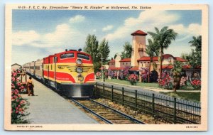 HOLLYWOOD, FL ~ F.E.C. RAILWAY STREAMLINER FLAGLER c1940s Depot Postcard