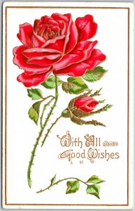 With All Good Wishes, 1910 Red Rose, Rosebud & Green Leaves, Vintage Postcard